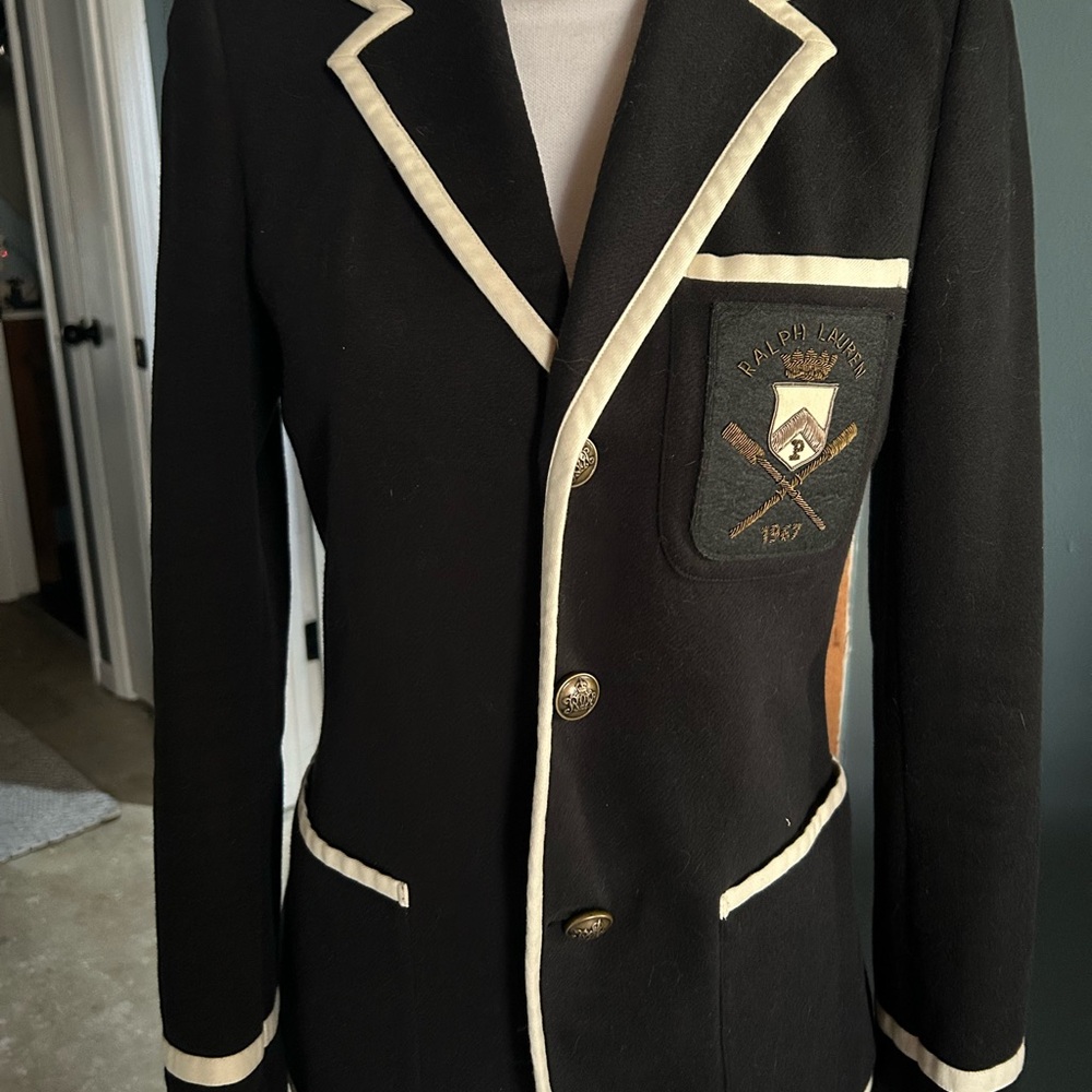 Ralph Lauren Black Blazer with Cream Trim and Gold Crest Patch
